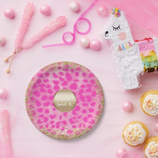 Rosa Leopard Cheetah Print Gold Glitzer Monogram Pappteller (Party)