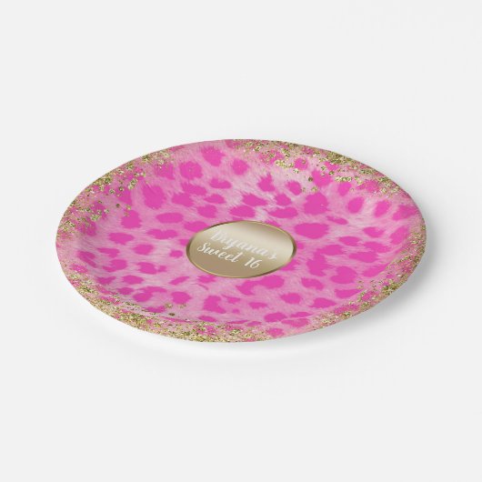 Rosa Leopard Cheetah Print Gold Glitzer Monogram Pappteller (Schrägansicht)