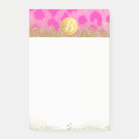 Rosa Leopard Cheetah Print Gold Glitzer Monogram Post-it Klebezettel (Vorderseite)