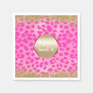 Rosa Leopard Cheetah Print Gold Glitzer Monogram Serviette