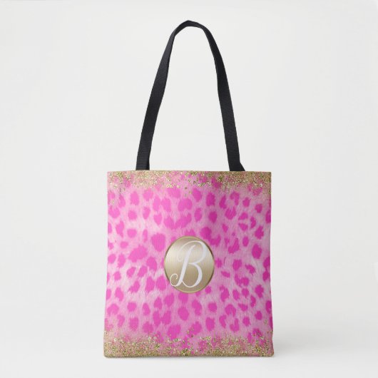 Rosa Leopard Cheetah Print Gold Glitzer Monogram Tasche (Vorderseite)