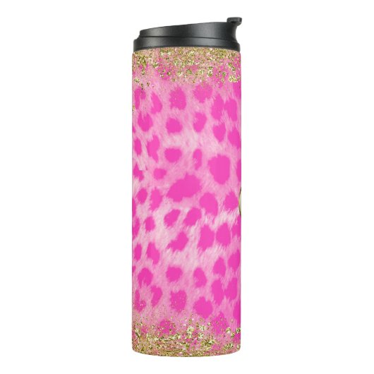 Rosa Leopard Cheetah Print Gold Glitzer Monogram Thermosbecher (Nach links gedreht)