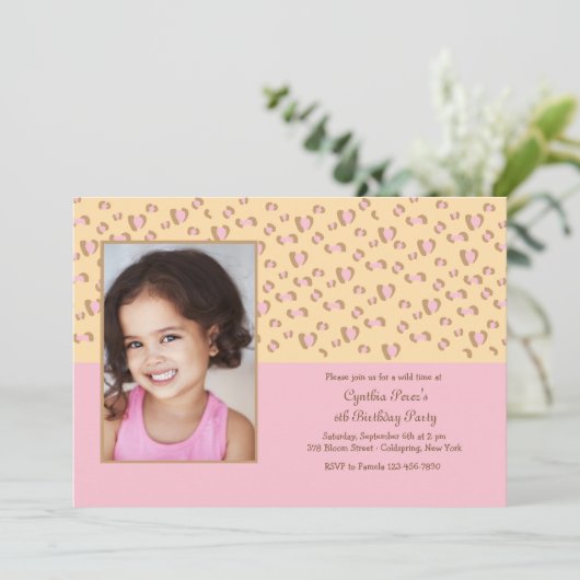 Rosa Leopard Foto Einladung (Stehend Vorderseite)
