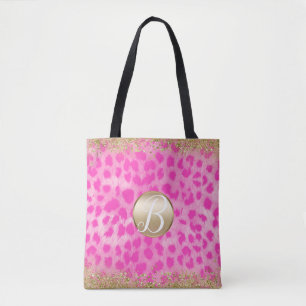 Rosa Leopard Gepard Druck Gold Glitter Monogramm Tasche