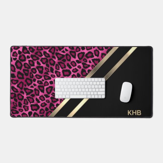 Rosa Leopard mit Gold und Schwarz - Monogramm Schreibtischunterlage (Tastatur & Maus)