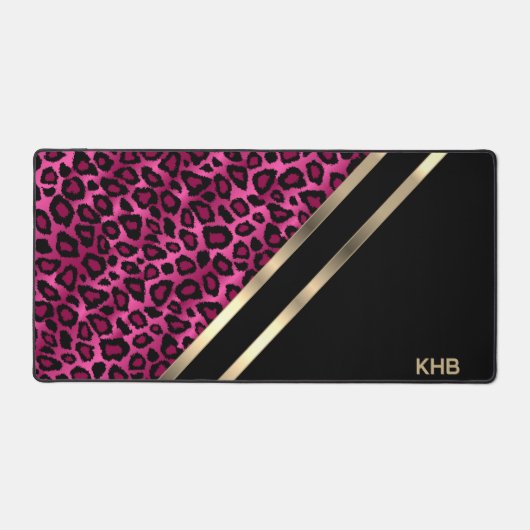 Rosa Leopard mit Gold und Schwarz - Monogramm Schreibtischunterlage (Vorderseite)