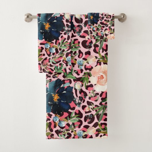 Rosa Leopard Print Aquarell Floral Badhandtuch Set (Insitu)