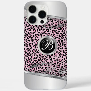 Rosa Leopard und Metalldruck Monogramm iPhone 16 Pro Max Hülle
