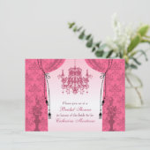 Rosa Leuchter-und Damast-Vorhang-Brautparty Einladung (Stehend Vorderseite)