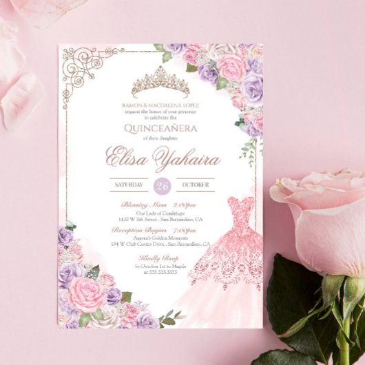 Rosa Levender Lila Elegantes Quinceanera Einladung