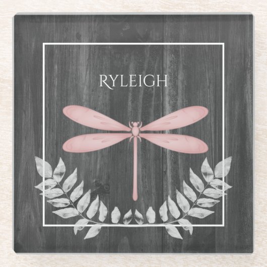 Rosa Libelle Rustikaler Personalisierter Untersetz Glasuntersetzer (Vorderseite)