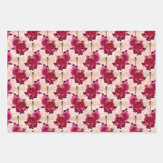 Rosa Libellen und Rose Geschenkpapier Set (Vorderseite)