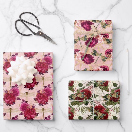 Rosa Libellen und Rose Geschenkpapier Set (Vorderseite)