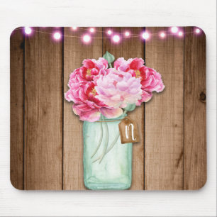 Rosa Lichterkette & Mason-Glas-Blumen Rustikales H Mousepad