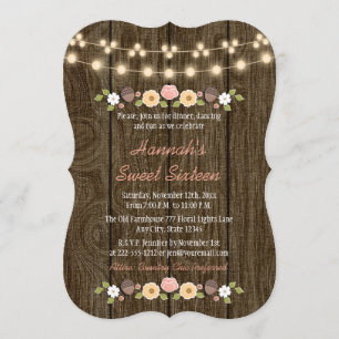 Rosa Lichterkette Rustic Sweet 16 Einladung