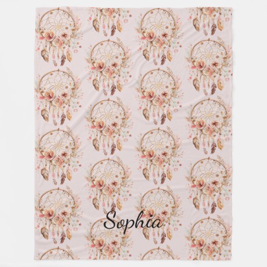Rosa Liebe Boho Blumen Feathers Dream Catcher Fleecedecke (Vorderseite)