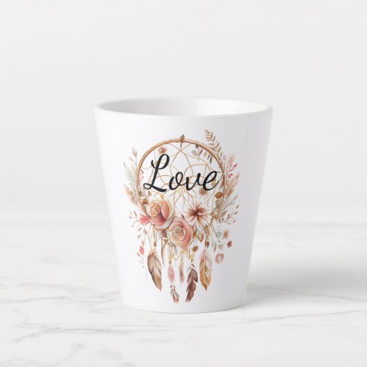 Rosa Liebe Boho Blumen Feathers Dream Catcher Milchtasse (Vorderseite)