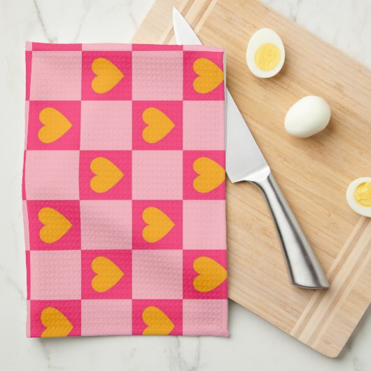 Rosa Liebe des roten Gelbherzes Y2K Muster überprü Geschirrtuch (Viertel Falte)