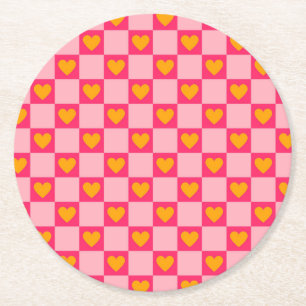 Rosa Liebe des roten Gelbherzes Y2K Muster überprü Runder Pappuntersetzer