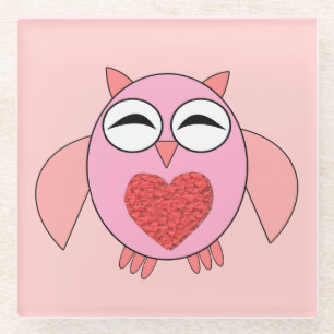 Rosa Liebe Herz Owl Glass Untersetzer