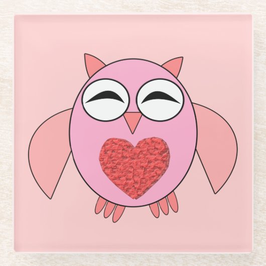 Rosa Liebe Herz Owl Glass Untersetzer (Vorderseite)