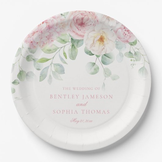 Rosa Liebe in Blümflorenhydrangea Hochzeit Pappteller (Vorderseite)