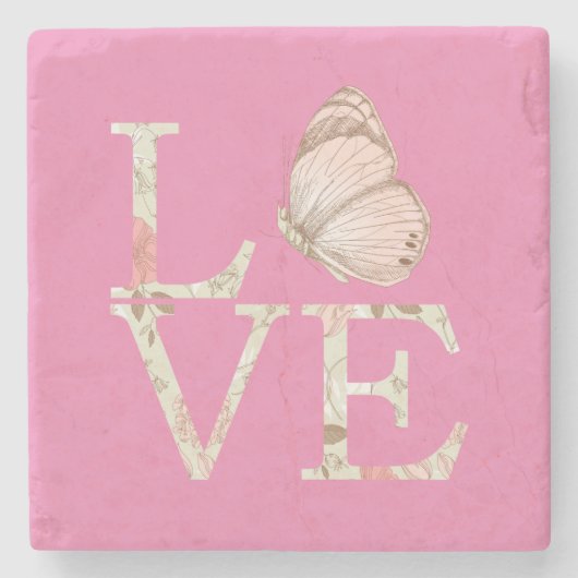 Rosa Liebe Schmetterling Steinuntersetzer (Vorderseite)