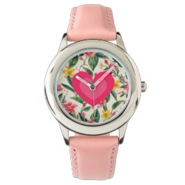 Rosa Liebesherz- und Blumenmuster Armbanduhr