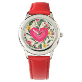 Rosa Liebesherz- und Blumenmuster Armbanduhr