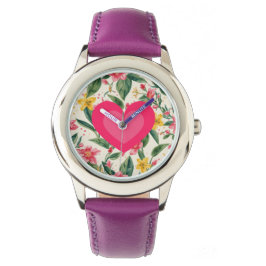 Rosa Liebesherz- und Blumenmuster Armbanduhr