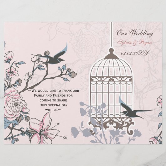 Rosa-Liebling-Bircage-Bi-Falte Hochzeitsprogramm (Vorderseite)