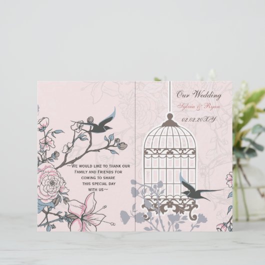Rosa-Liebling-Bircage-Bi-Falte Hochzeitsprogramm (Stehend Vorderseite)