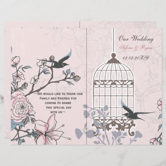 Rosa-Liebling-Bircage-Bi-Falte Hochzeitsprogramm (Vorne/Hinten)