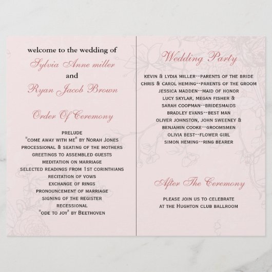 Rosa-Liebling-Bircage-Bi-Falte Hochzeitsprogramm (Rückseite)