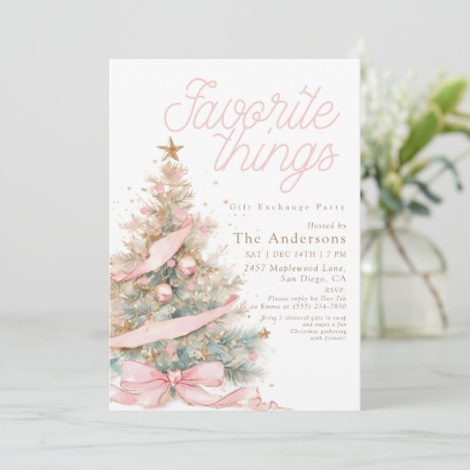 Rosa Lieblingsgeschenke-Tausch Weihnachten Einladung (Stehend Vorderseite)