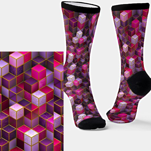 Rosa Lila Abstrakte 3D-Effekte Cubes Socken