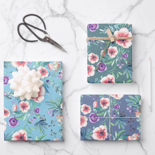 Rosa Lila Anemonen Frühling Brautparty Geschenkpapier Set (Vorderseite)