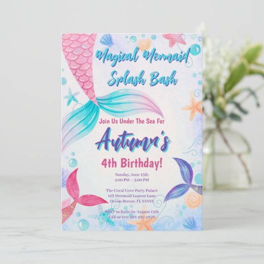 Rosa Lila Aquamarine Meerjungfrau Schwanz Geburtst Einladung (Stehend Vorderseite)