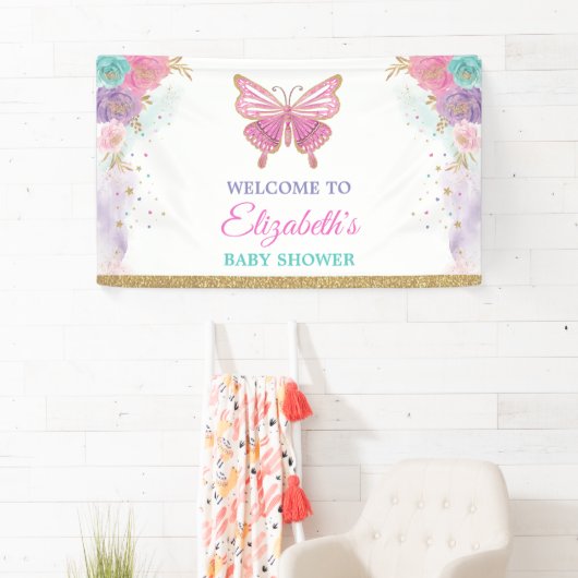 Rosa Lila Aquamarine Schmetterlingsmädchen Geburts Banner (Insitu)