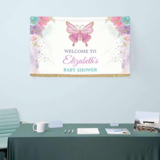 Rosa Lila Aquamarine Schmetterlingsmädchen Geburts Banner (Messeveranstaltung)