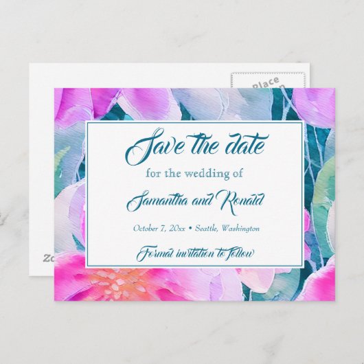 Rosa Lila Aquamarine Wasserfarbenhochzeit Datum sp Ankündigungspostkarte (Vorne/Hinten)