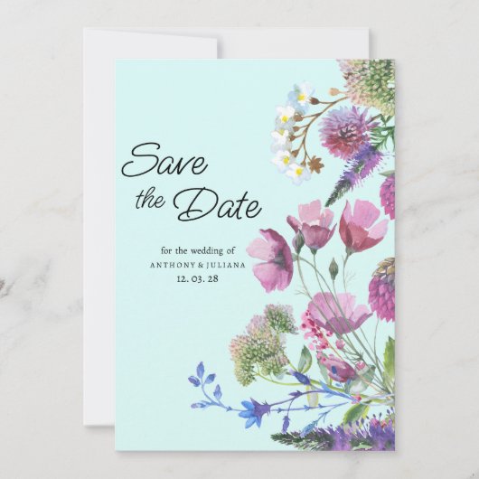 Rosa Lila Aquamarine Wildblume Sommer Save the Dat Einladung (Vorderseite)