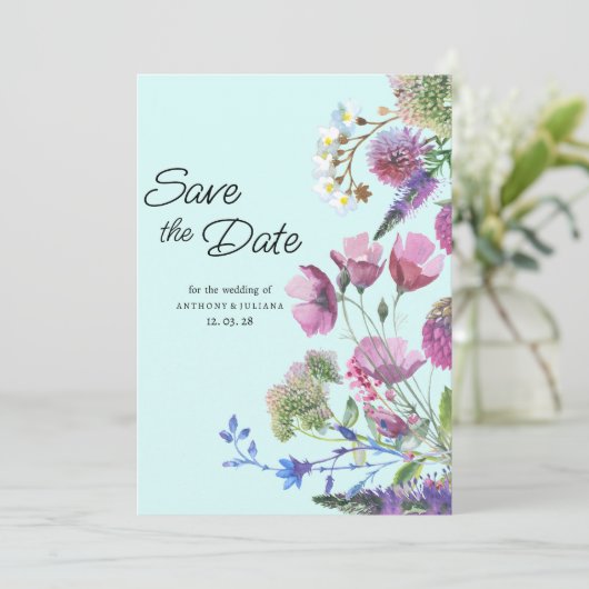 Rosa Lila Aquamarine Wildblume Sommer Save the Dat Einladung (Stehend Vorderseite)