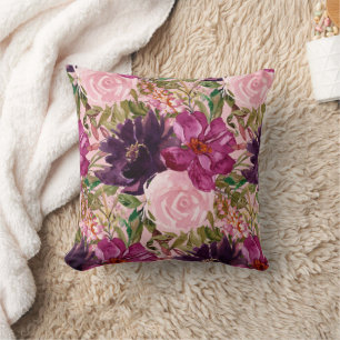 Rosa lila Aquarell-Blumenrosen Botanisch Kissen