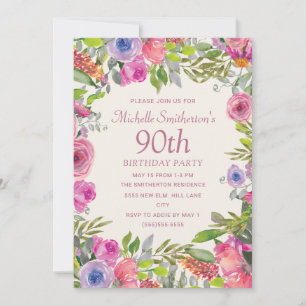 Rosa lila Aquarell-Wildblumen 90. Geburtstag Einladung
