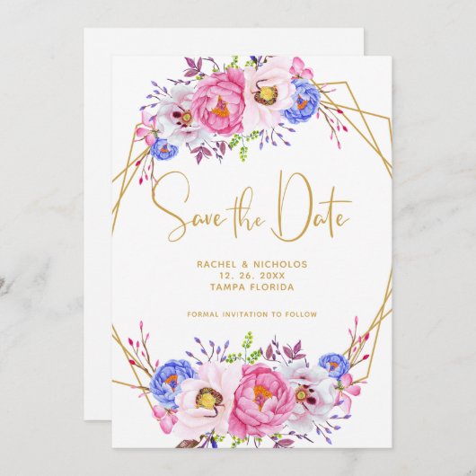 Rosa Lila Aquarellbilder Save The Date (Vorne/Hinten)