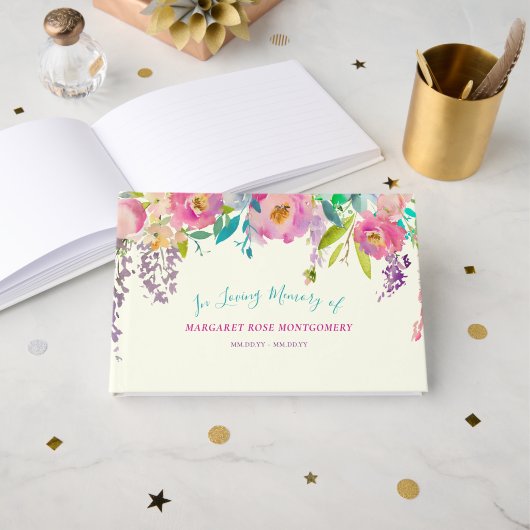 Rosa Lila Aquarellblüte im liebenden Gedächtnis Gästebuch (Vorderseite Offen)