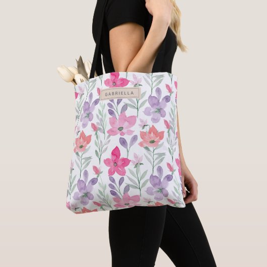 Rosa Lila Aquarellfarben Blume Personalisiert Tasche (Von Nahem)