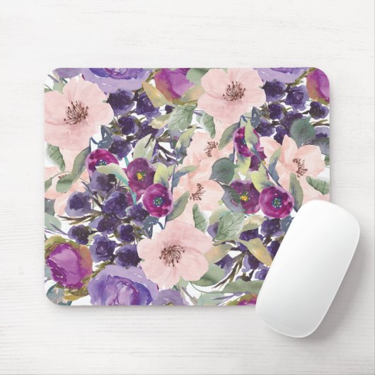 Rosa Lila Aquarellfarben Blumengrün Blätter Mousepad (Mit Mouse)