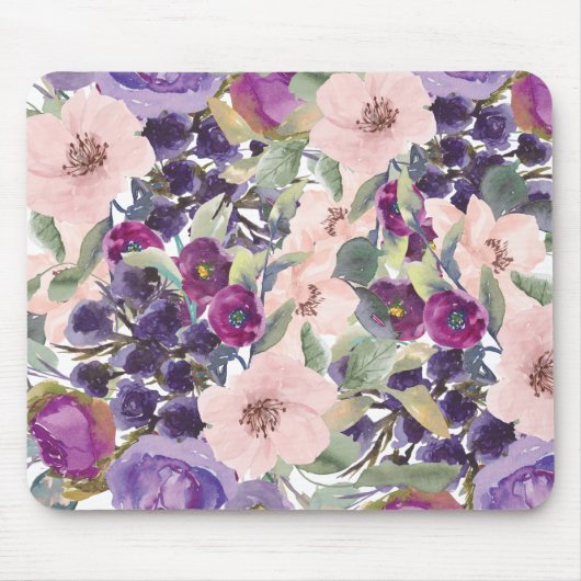 Rosa Lila Aquarellfarben Blumengrün Blätter Mousepad (Vorne)
